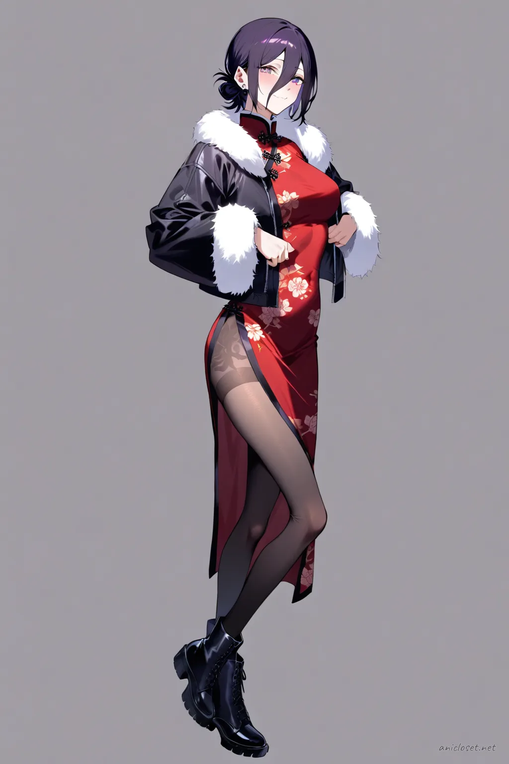 Full-body three-quarter view of Reze wearing a dark red long-sleeve winter qipao with subtle floral pattern, high collar, side slits, cropped black faux fur-trim jacket, black leather ankle boots, sheer black tights, and silver stud earrings on a clean studio background