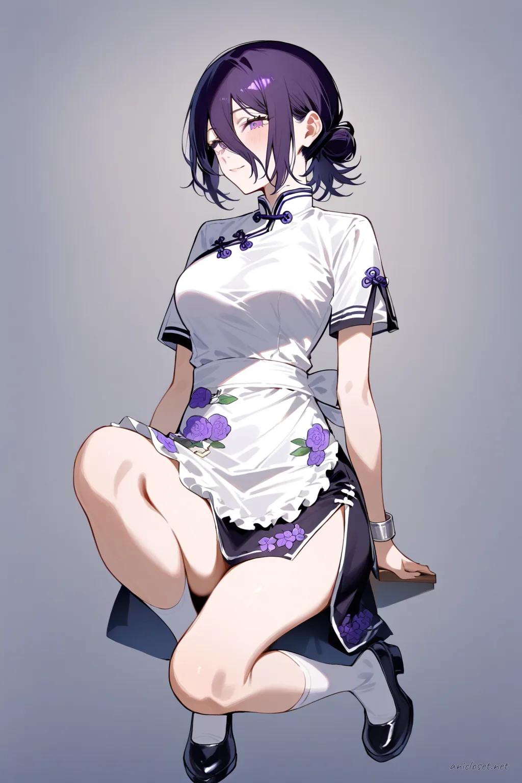 Full-body three-quarter view of Reze wearing a short-sleeve knee-length qipao dress with floral embroidery, white frilled apron, white ankle socks, and black Mary Jane shoes on a clean studio background