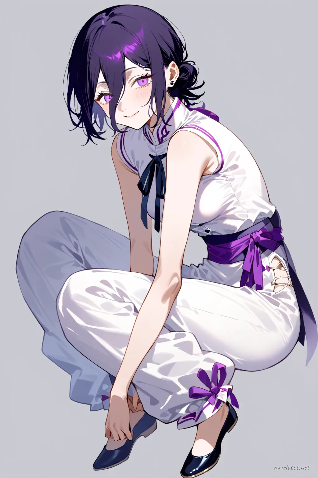 Full-body three-quarter view illustration of Reze wearing a qipao top with soft wide trousers and a ribbon sash, closed-toe flats, and simple stud earrings on a clean studio background