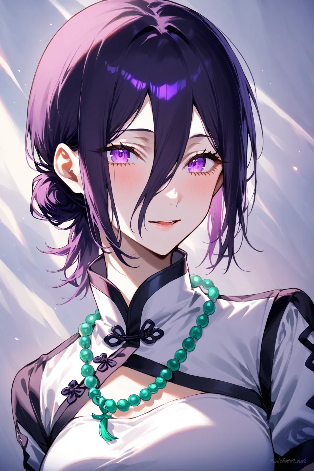 Knee-up half-body illustration of Reze wearing a qi-Lolita style China dress with high collar, frilled hem, and jade charm necklace under soft studio lighting