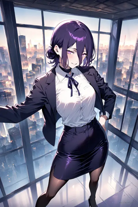 Illustration of Reze in a navy pencil skirt suit with fitted blazer and white silk blouse, standing by a glass office window overlooking the city