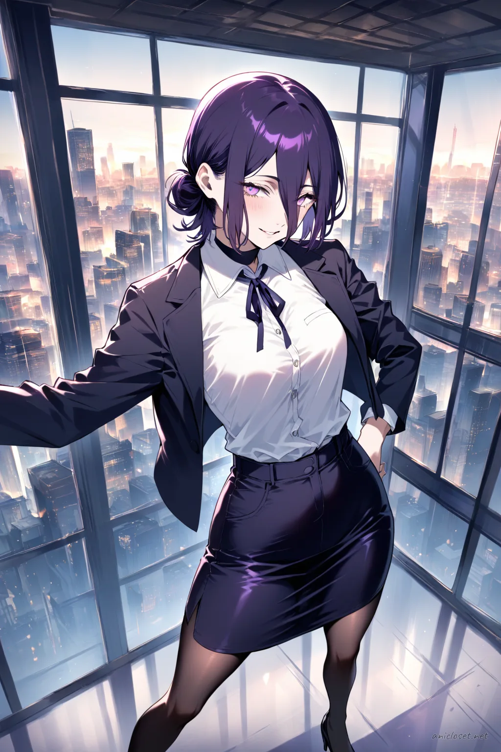 Illustration of Reze in a navy pencil skirt suit with fitted blazer and white silk blouse, standing by a glass office window overlooking the city