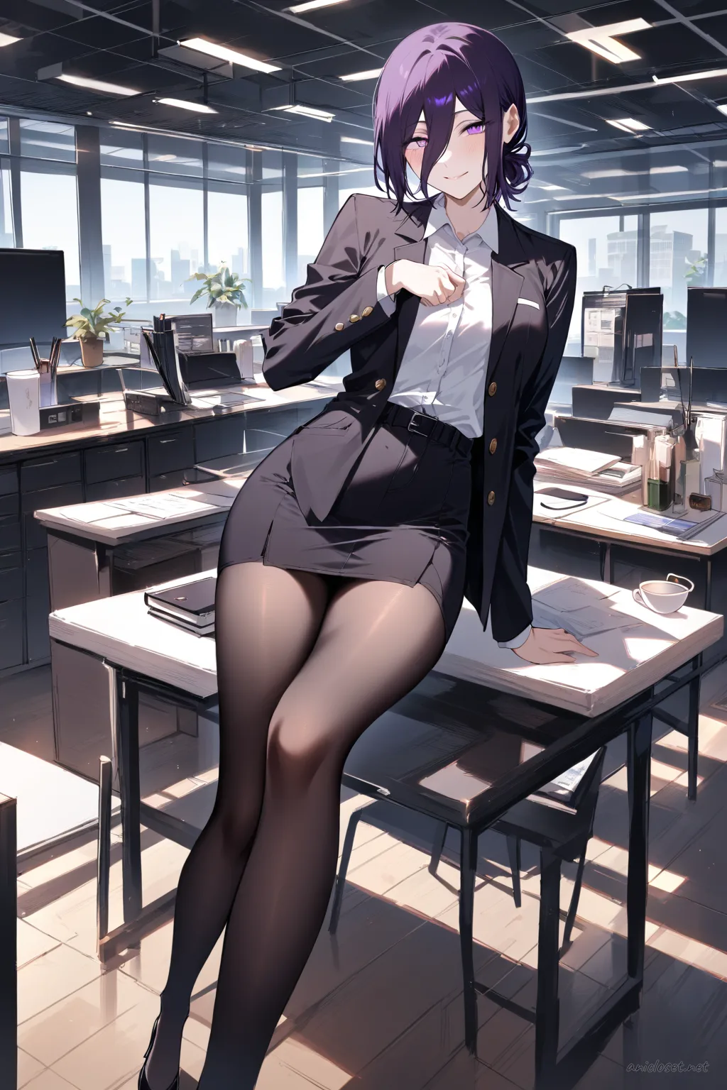 Full-body illustration of Reze in a wine sheath dress, open black blazer, slim black belt, sheer tights, and pointed heels standing against a clean studio backdrop