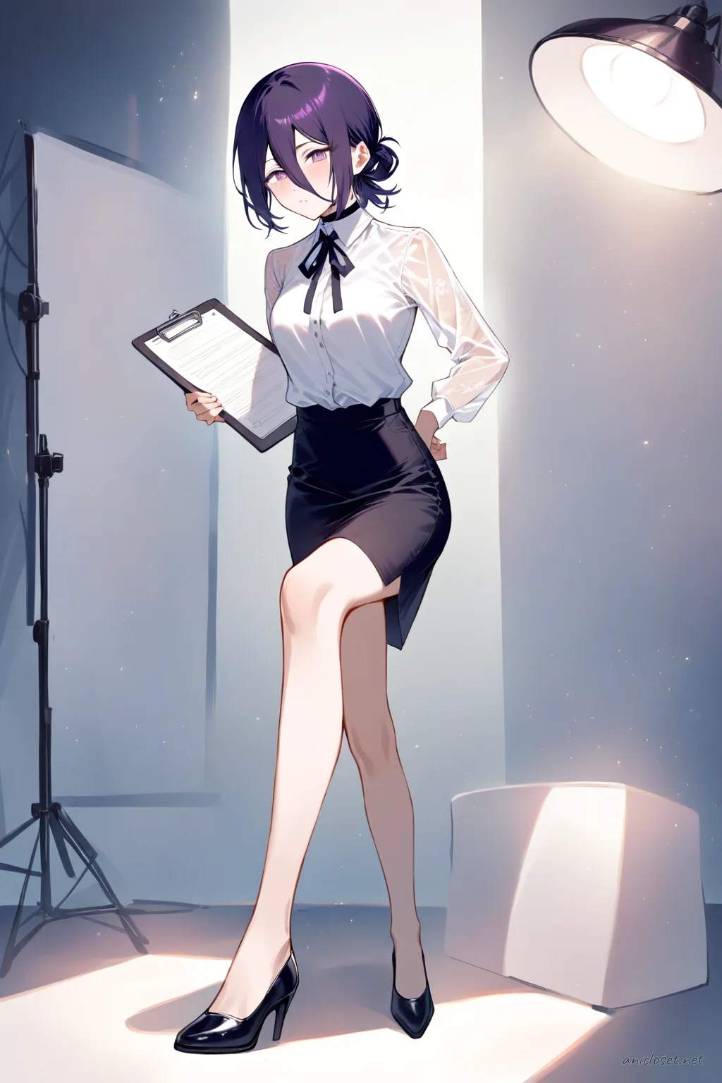 Knee-up illustration of Reze in a white blouse with sheer sleeves tucked into a black midi pencil skirt, holding a clipboard in a bright conference room