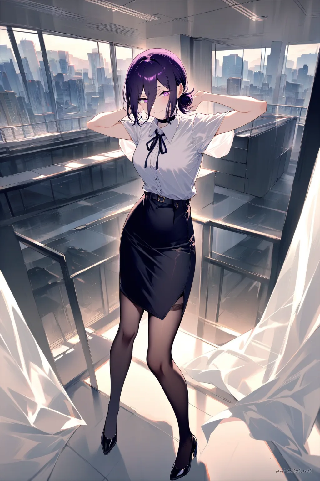 Full-body illustration of Reze in a navy wrap blouse and knee-length pencil skirt, standing with black pumps against a clean studio backdrop