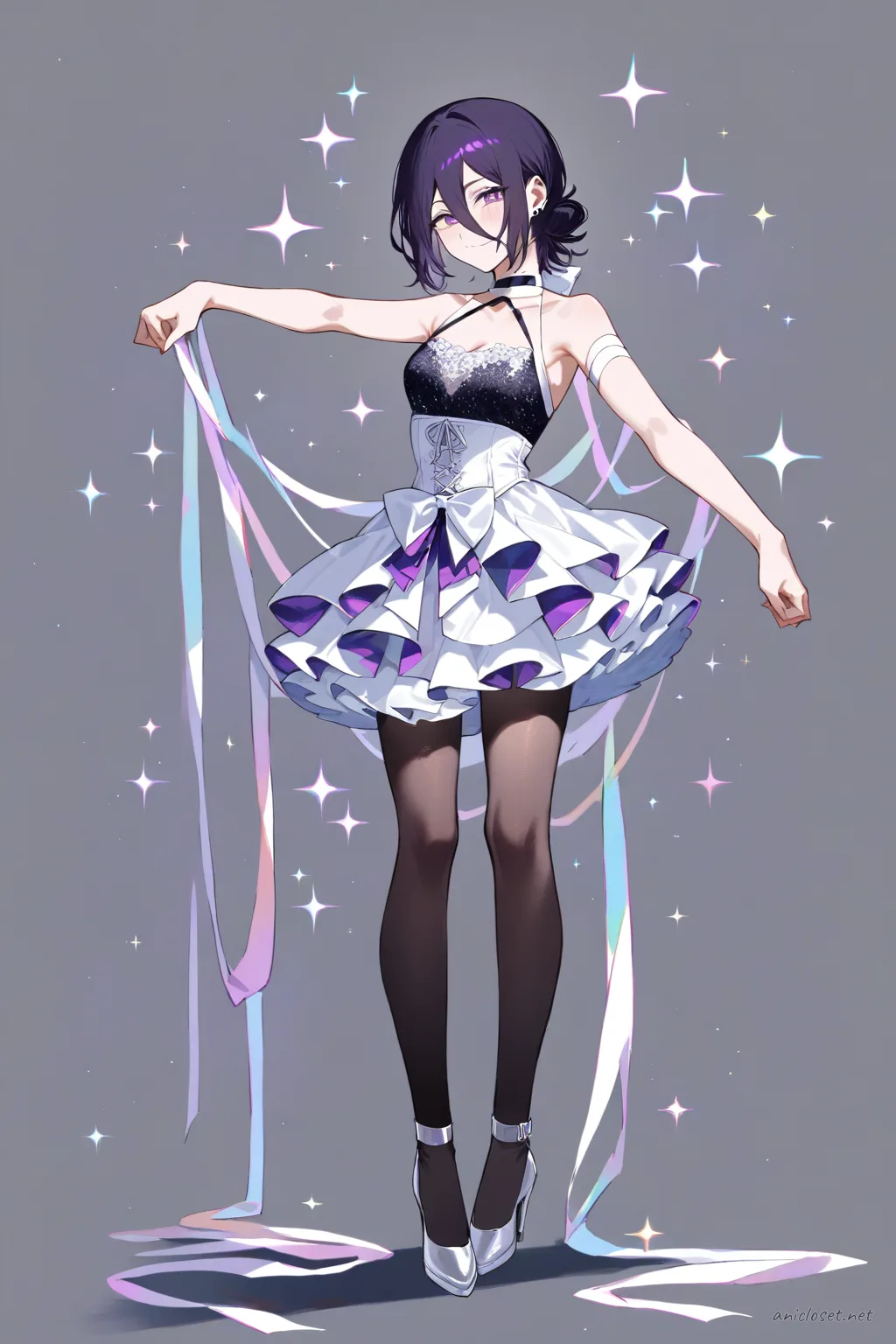 Full-body illustration of Reze in an award-show idol mini dress with sparkle bodice, short layered skirt, stage ribbon, sheer black tights, and silver ankle strap heels on a clean studio backdrop