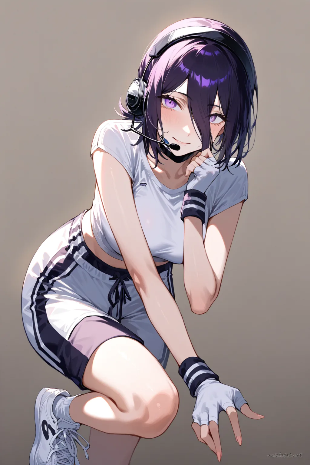 Knee-up half-body illustration of Reze wearing a sporty crop top, high-waisted athletic shorts, fingerless gloves, white sneakers, sweatband, and headset microphone against a simple studio background