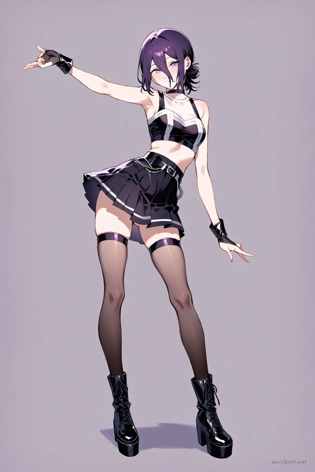 Full-body illustration of Reze in a sparkly sleeveless crop top, high-waisted pleated mini skirt, sheer fingerless gloves, thigh-high sheer stockings, platform ankle boots, and metallic choker against a clean studio backdrop
