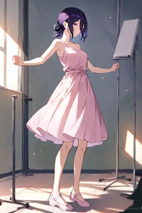 Full body illustration of Reze in a pastel pink chiffon midi dress with a single hair ribbon and ballet flats, depth of field focus on shoes