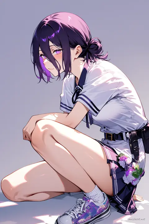 Full-body three-quarter view of Reze wearing a street kimono jacket over a graphic tee and pleated mini skirt, accessorized with an obi belt bag and low-top sneakers