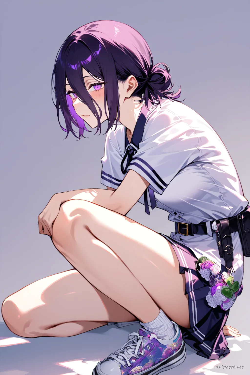 Full-body three-quarter view of Reze wearing a street kimono jacket over a graphic tee and pleated mini skirt, accessorized with an obi belt bag and low-top sneakers