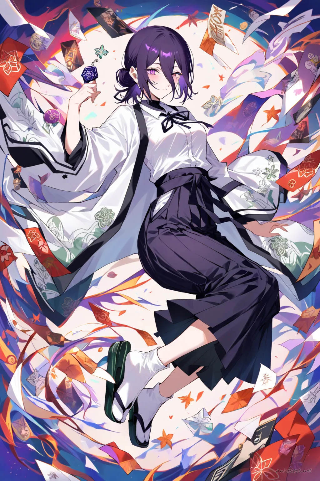 Full-body illustration of Reze in onmyouji-inspired layered kimono robes with paper charm accents, standing in a clean studio