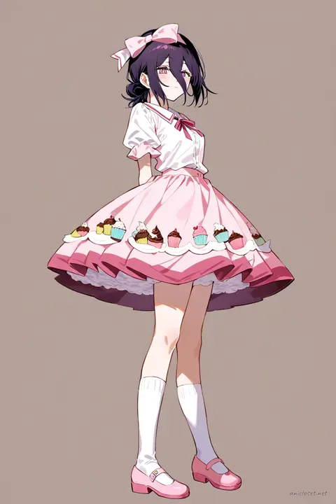 Full-body illustration of Reze in a sweet Lolita pastel pink jumper skirt with cupcake print, white puff-sleeve blouse, pastel pink head bow, white knee-high socks, and pastel pink mary janes, standing against a clean studio backdrop