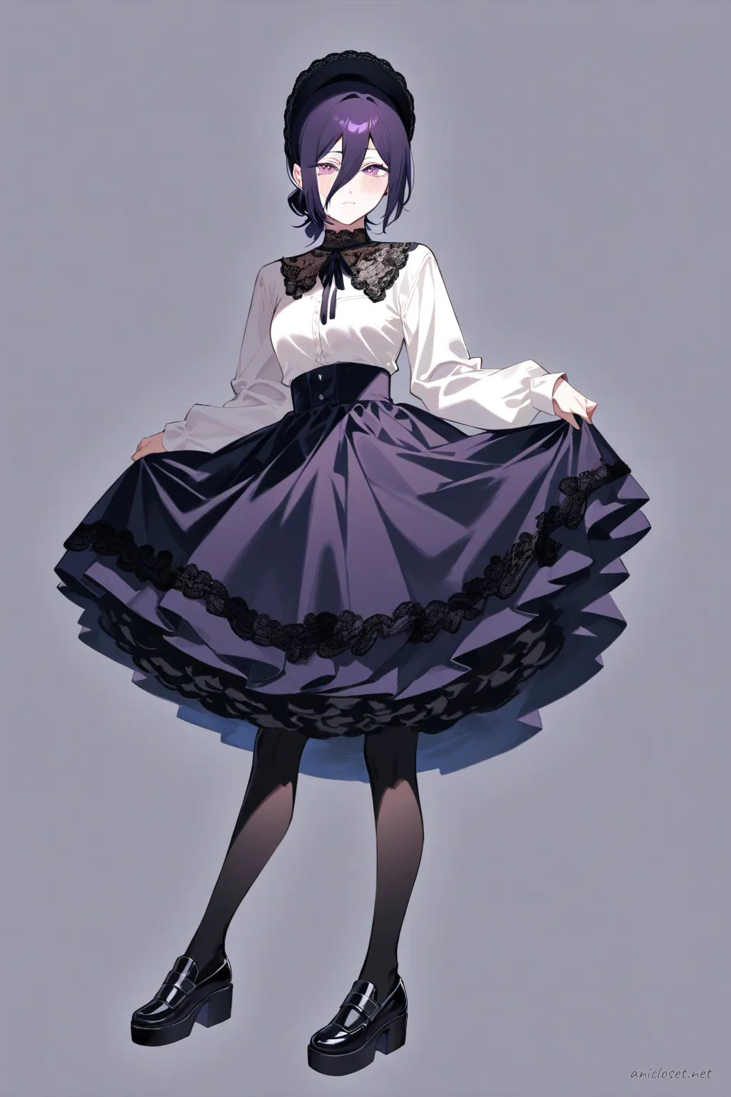 Full-body illustration of Reze in gothic Lolita black bell-shaped dress with lace collar, bonnet, opaque tights, and platform shoes on clean studio background