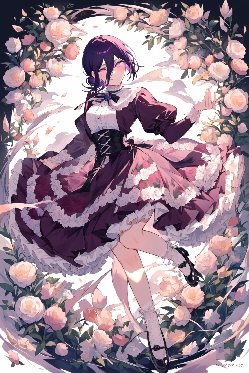 Knee-up half-body illustration of Reze in classic Lolita burgundy floral dress with high-neck blouse and cameo brooch under soft studio lighting