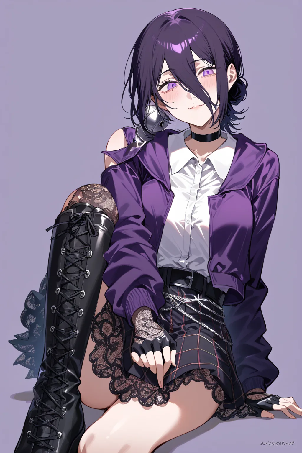 Full-body three-quarter view illustration of Reze in punk Lolita outfit with tartan skirt, cropped black jacket, silver chain belt, and black lace-up platform boots against simple studio background