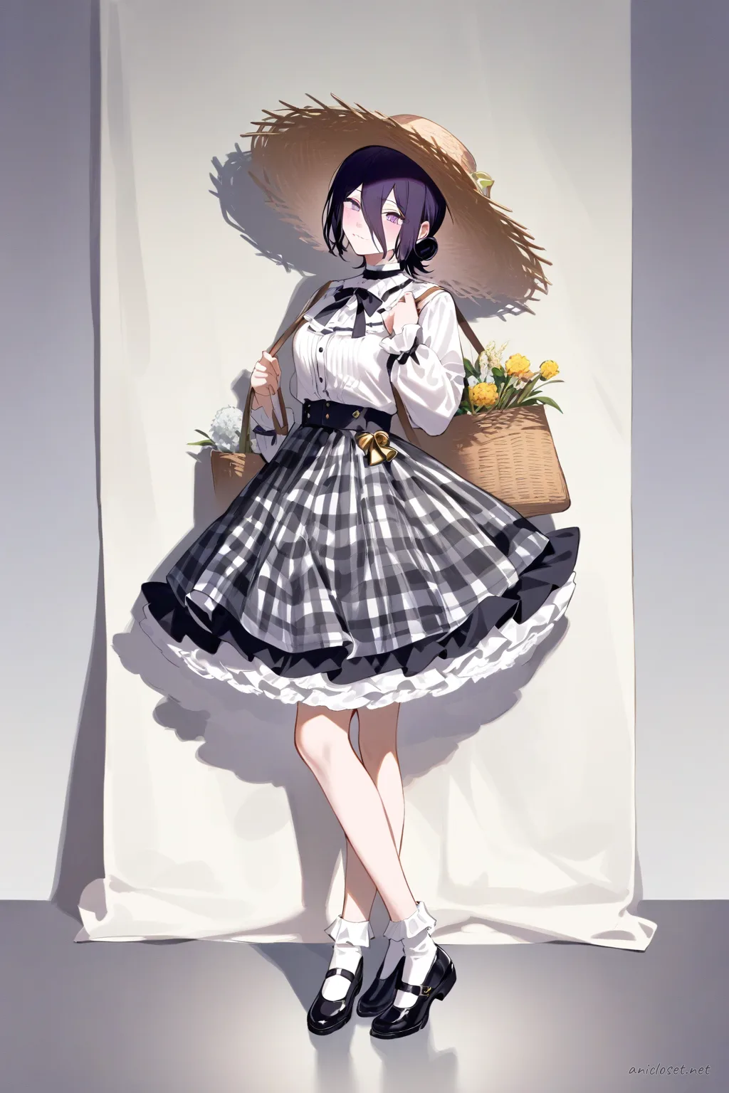 Full-body illustration of Reze in a country Lolita gingham dress with lace apron, straw bonnet, basket bag, and mary janes shoes on a clean studio backdrop
