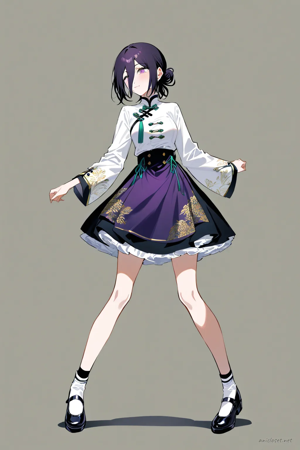Full-body illustration of Reze in a qi-Lolita dress with mandarin collar, brocade bell skirt, frog buttons, jade ribbon accents, ankle socks, and Mary Jane shoes on a clean studio background