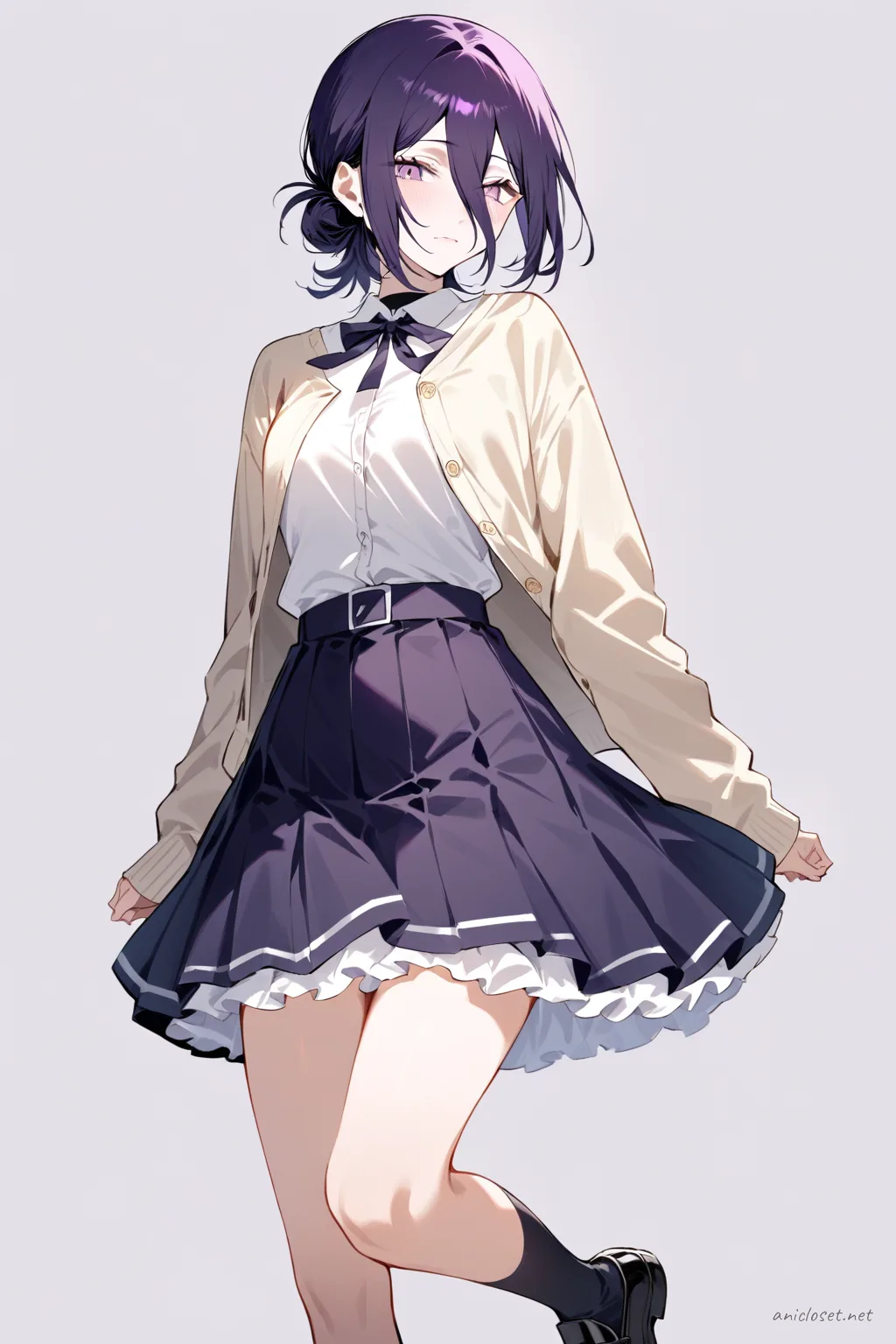 Illustration of Reze wearing a casual Lolita outfit with cardigan, jumper skirt, small bow, knee socks, and loafers in soft studio lighting
