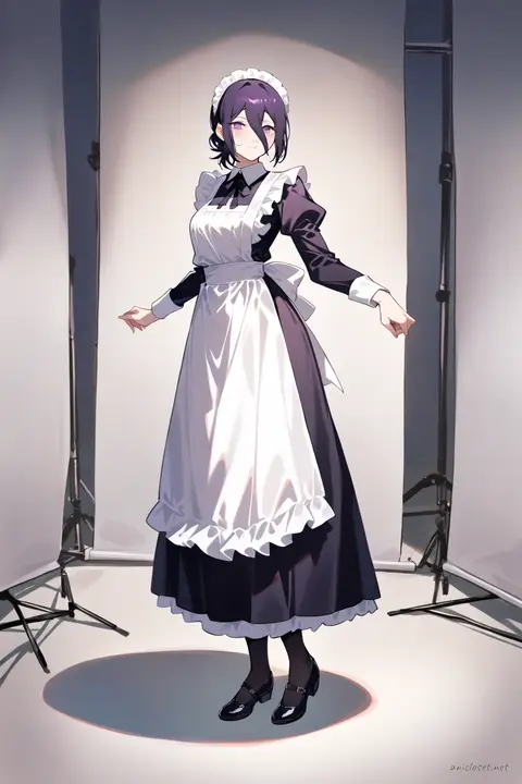 Full-body illustration of Reze in a classic black Victorian maid dress with white frilled apron and lace headdress, standing pose on clean studio backdrop