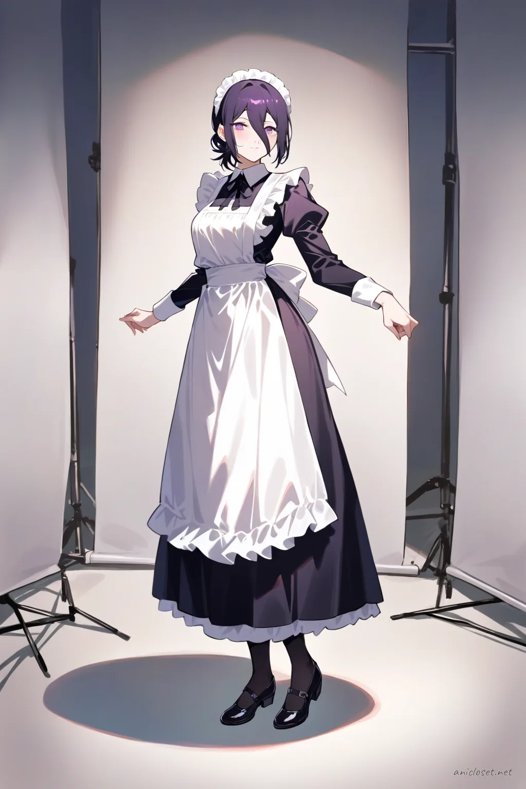 Full-body illustration of Reze in a classic black Victorian maid dress with white frilled apron and lace headdress, standing pose on clean studio backdrop