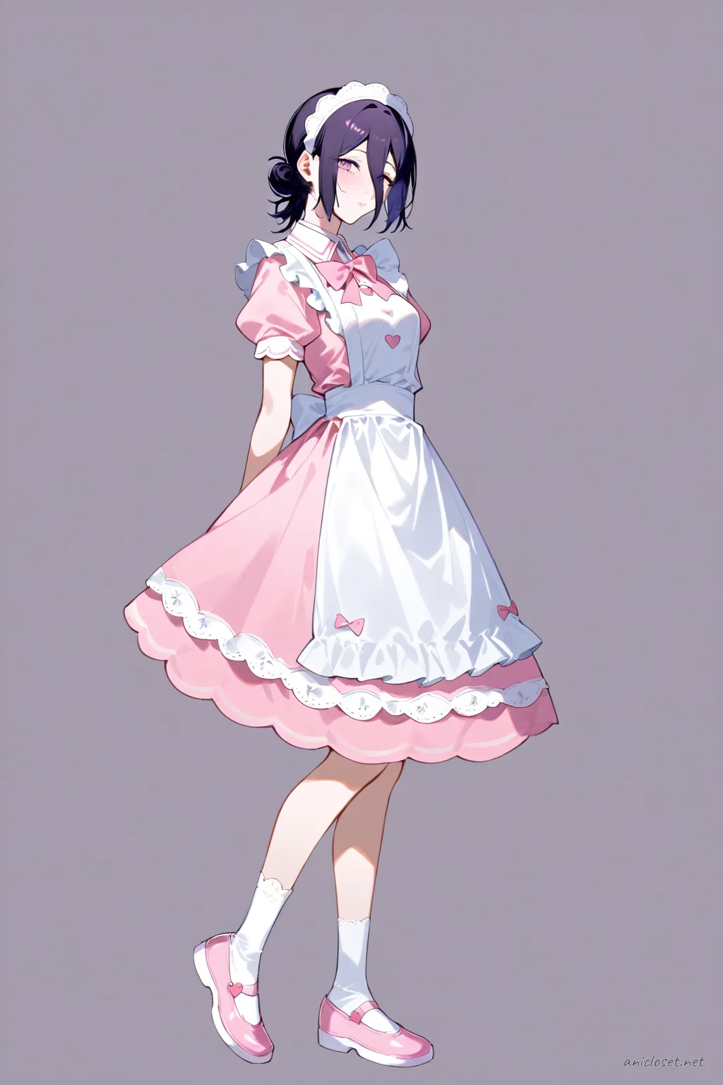 Full-body illustration of Reze in pastel pink maid dress with scalloped white apron, heart-shaped buttons, puff sleeves, and pastel pink bow shoes, standing against a clean studio backdrop