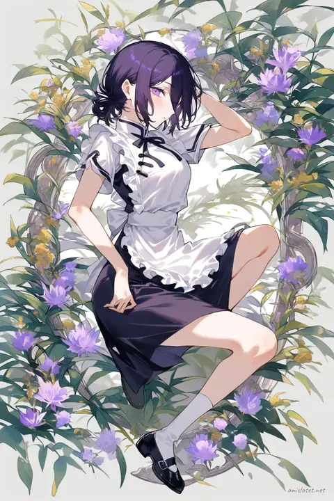 Full-body three-quarter view of Reze wearing a maid outfit with qipao collar, short sleeves, frilled apron, and frog-button accents