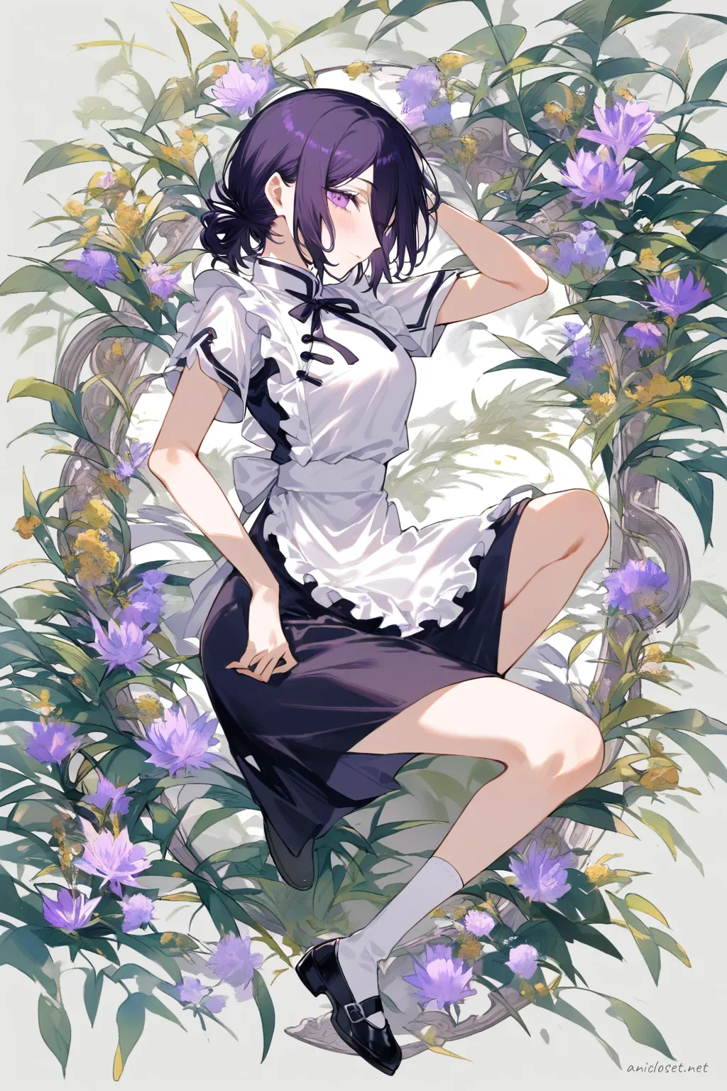 Full-body three-quarter view of Reze wearing a maid outfit with qipao collar, short sleeves, frilled apron, and frog-button accents
