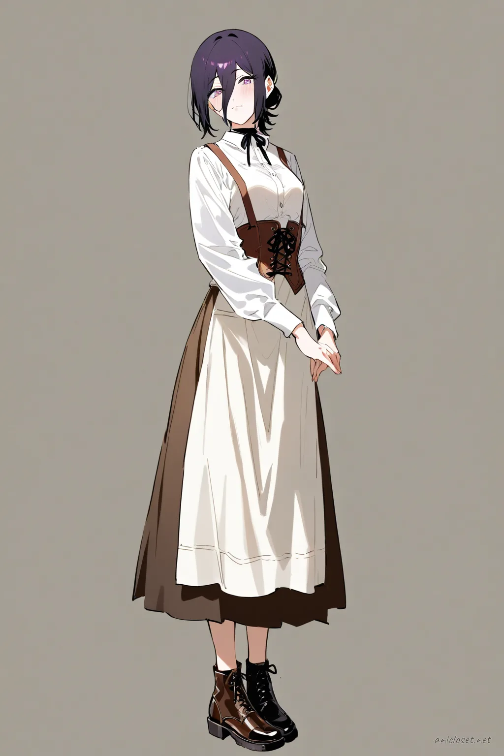 Full-body illustration of Reze in a steampunk maid uniform with brown corset vest, layered skirt, white utility apron, and lace-up brown leather boots, standing against a clean studio backdrop