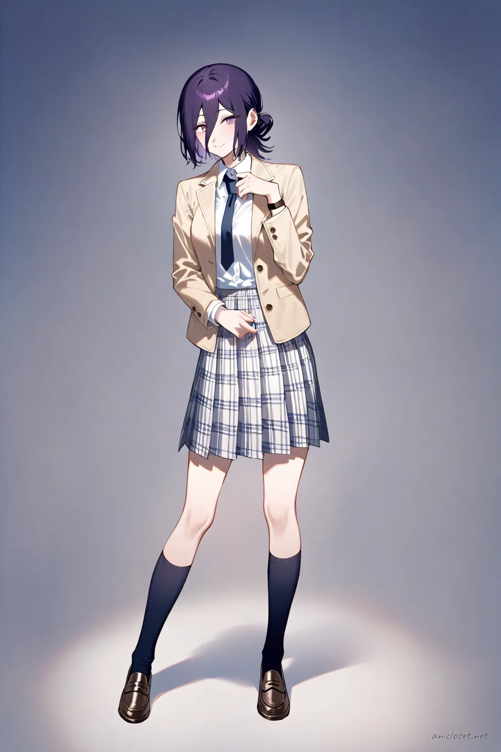 Full-body illustration of Reze wearing a beige blazer, white dress shirt, navy necktie, plaid pleated skirt, knee-high socks, and brown loafers standing against a clean studio backdrop