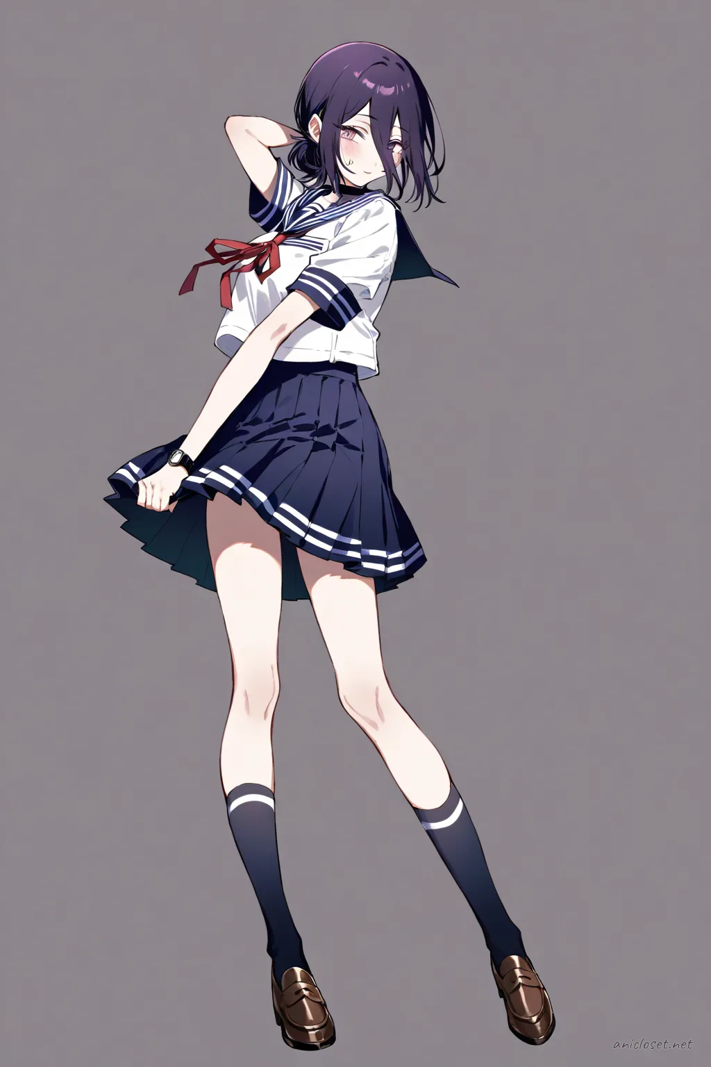 Full-body illustration of Reze wearing a summer sailor uniform with short sleeves, red ribbon necktie, pleated navy blue skirt, knee socks, and brown loafers on a clean studio background