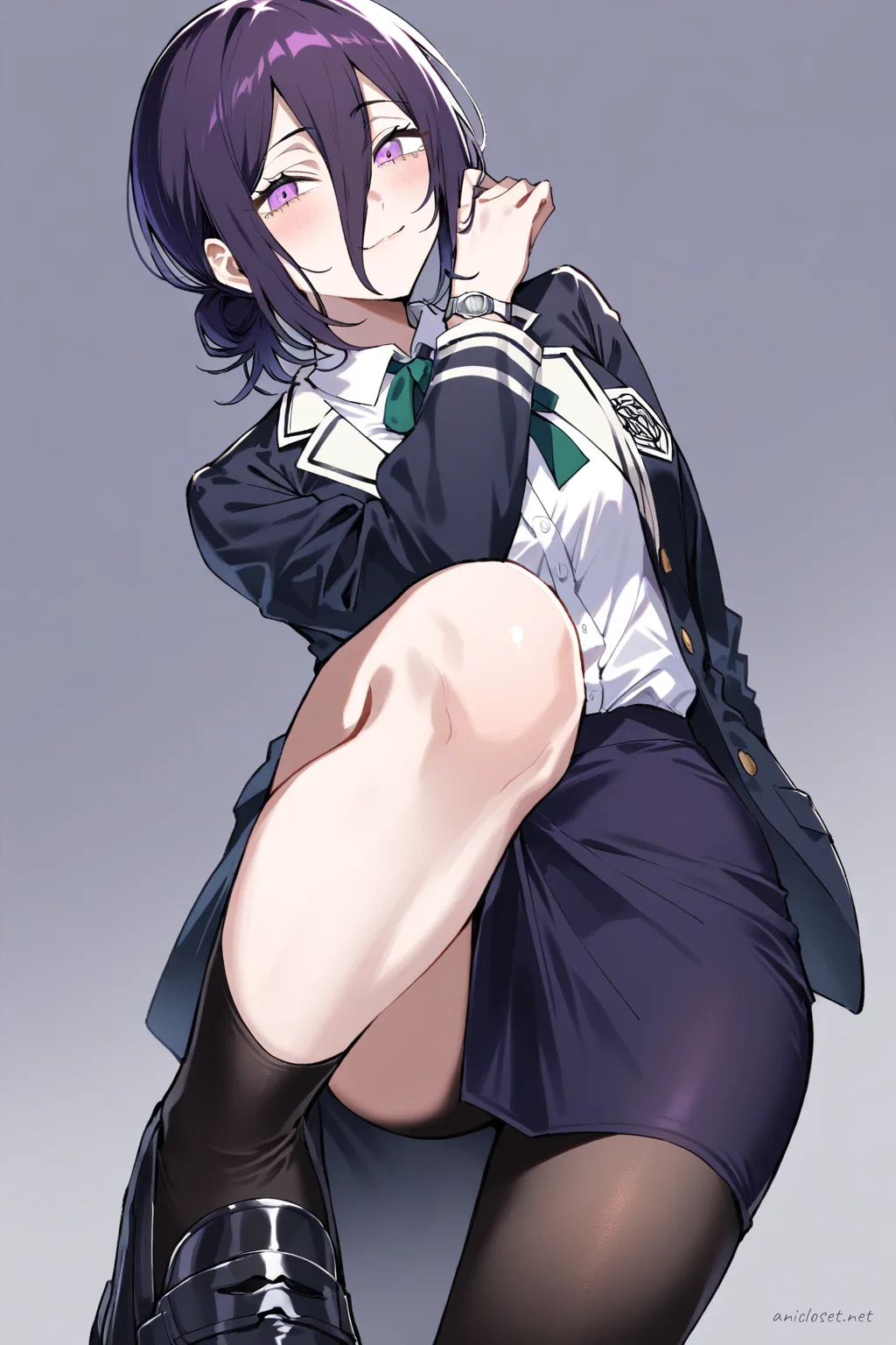 Illustration of Reze in a private academy blazer with emblem, white dress shirt, navy pencil skirt, black tights, and black loafers under soft studio lighting