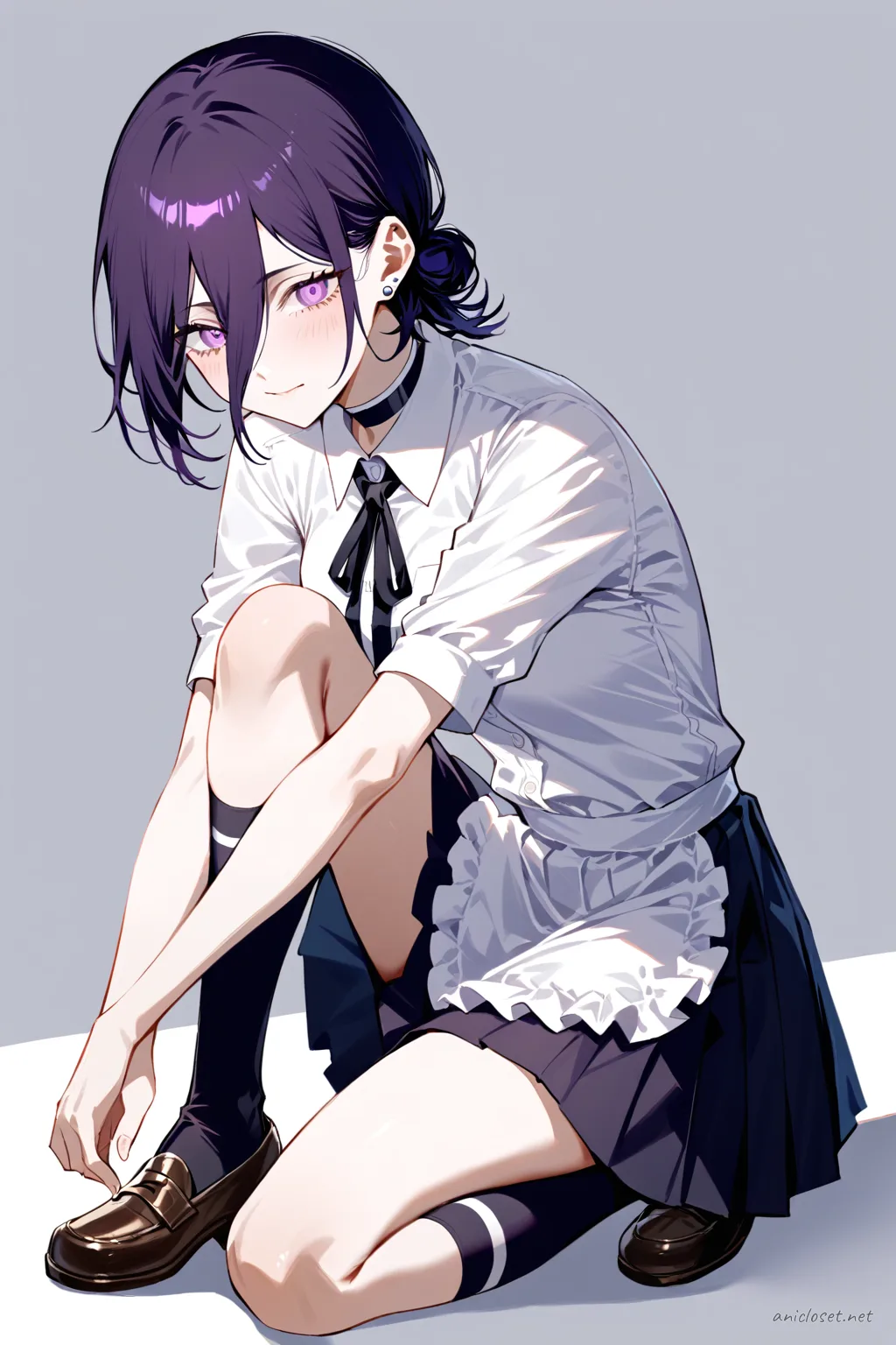 Illustration of Reze in a white long-sleeve school blouse, navy pleated skirt, black knee-high socks, brown loafers, and a white frilly maid apron with black ribbon necktie, soft studio lighting