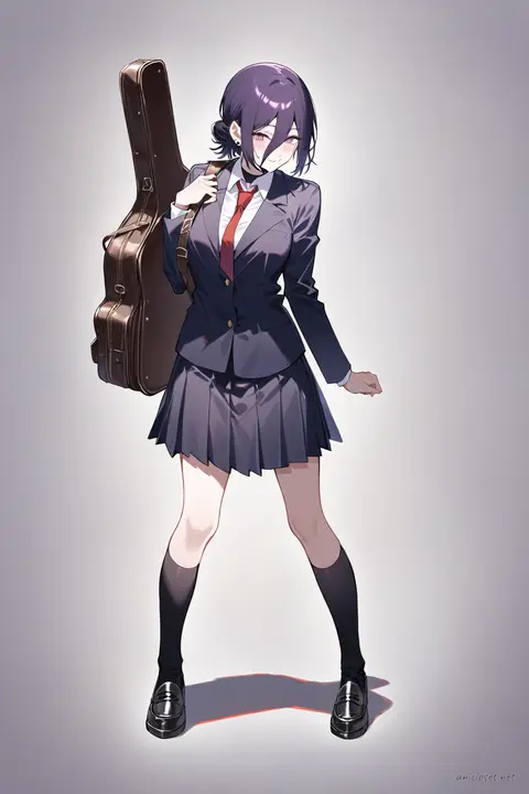 Full-body illustration of Reze in a navy blazer, white dress shirt, red necktie, dark gray pleated skirt, black knee-high socks, black loafers, holding a brown leather instrument case, standing against a clean studio background