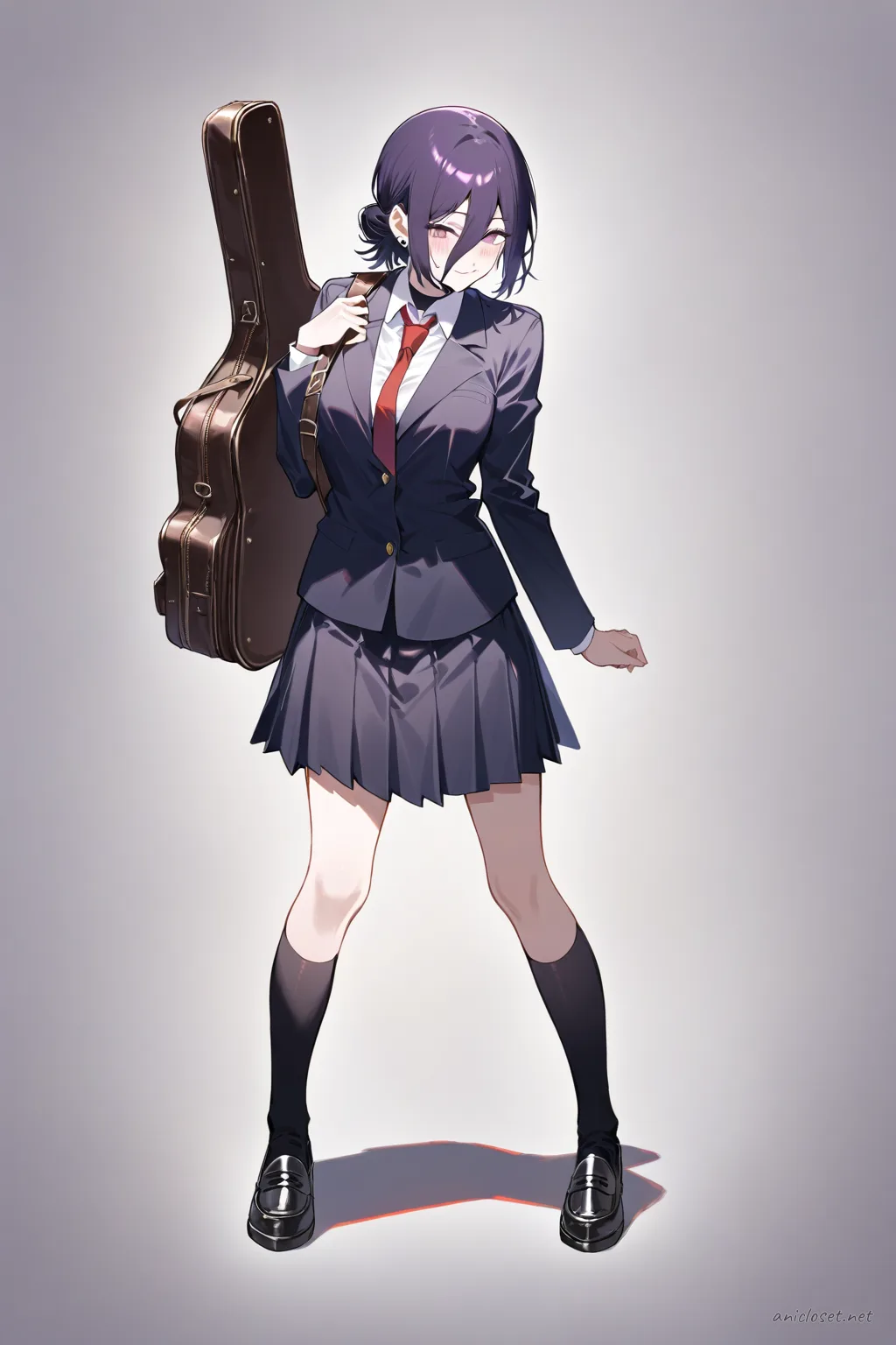 Full-body illustration of Reze in a navy blazer, white dress shirt, red necktie, dark gray pleated skirt, black knee-high socks, black loafers, holding a brown leather instrument case, standing against a clean studio background