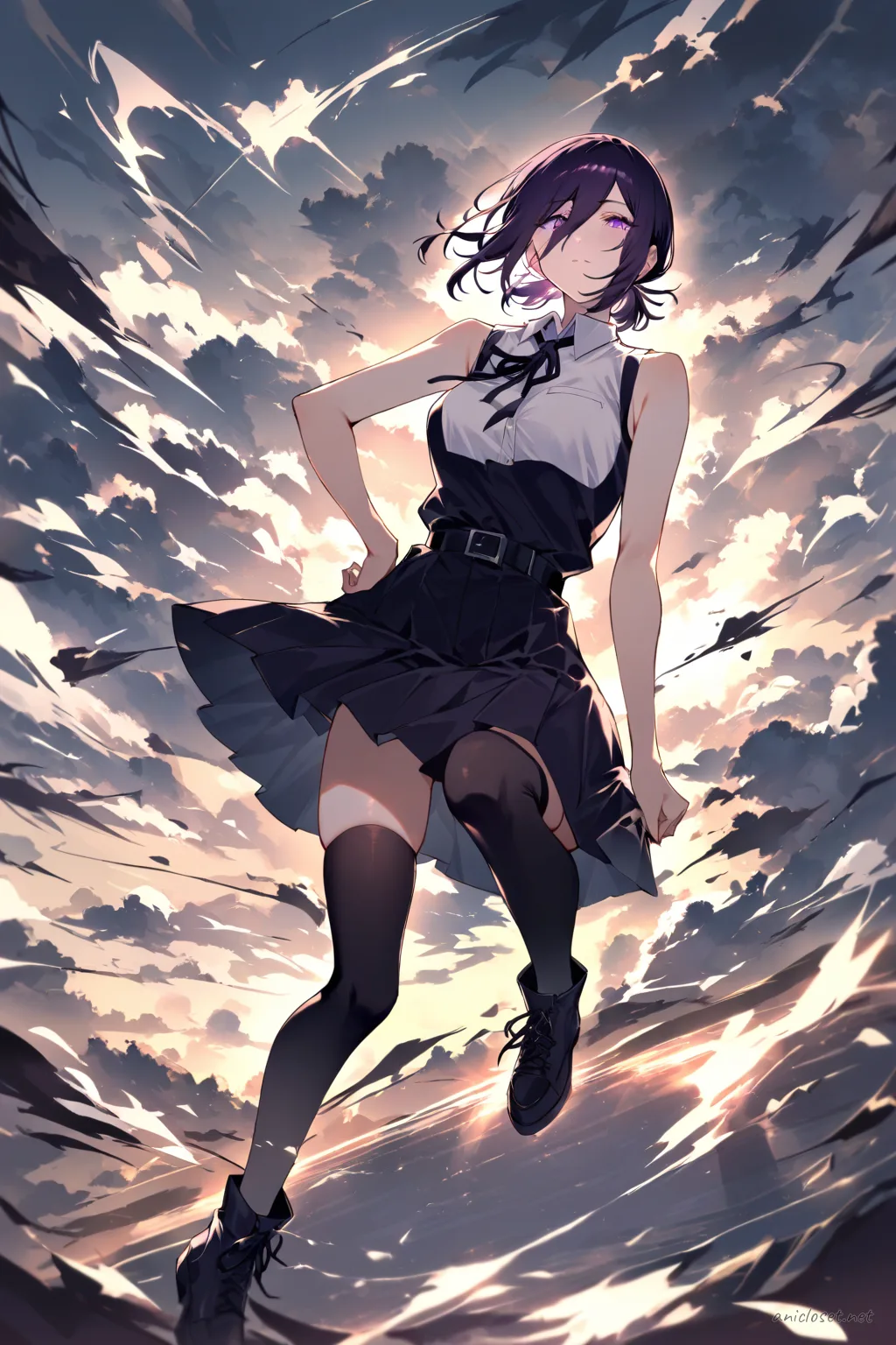 Illustration of Reze in her signature black sleeveless dress with white collar and black ribbon necktie, hand on hip pose under golden-hour backlight with floating dust motes