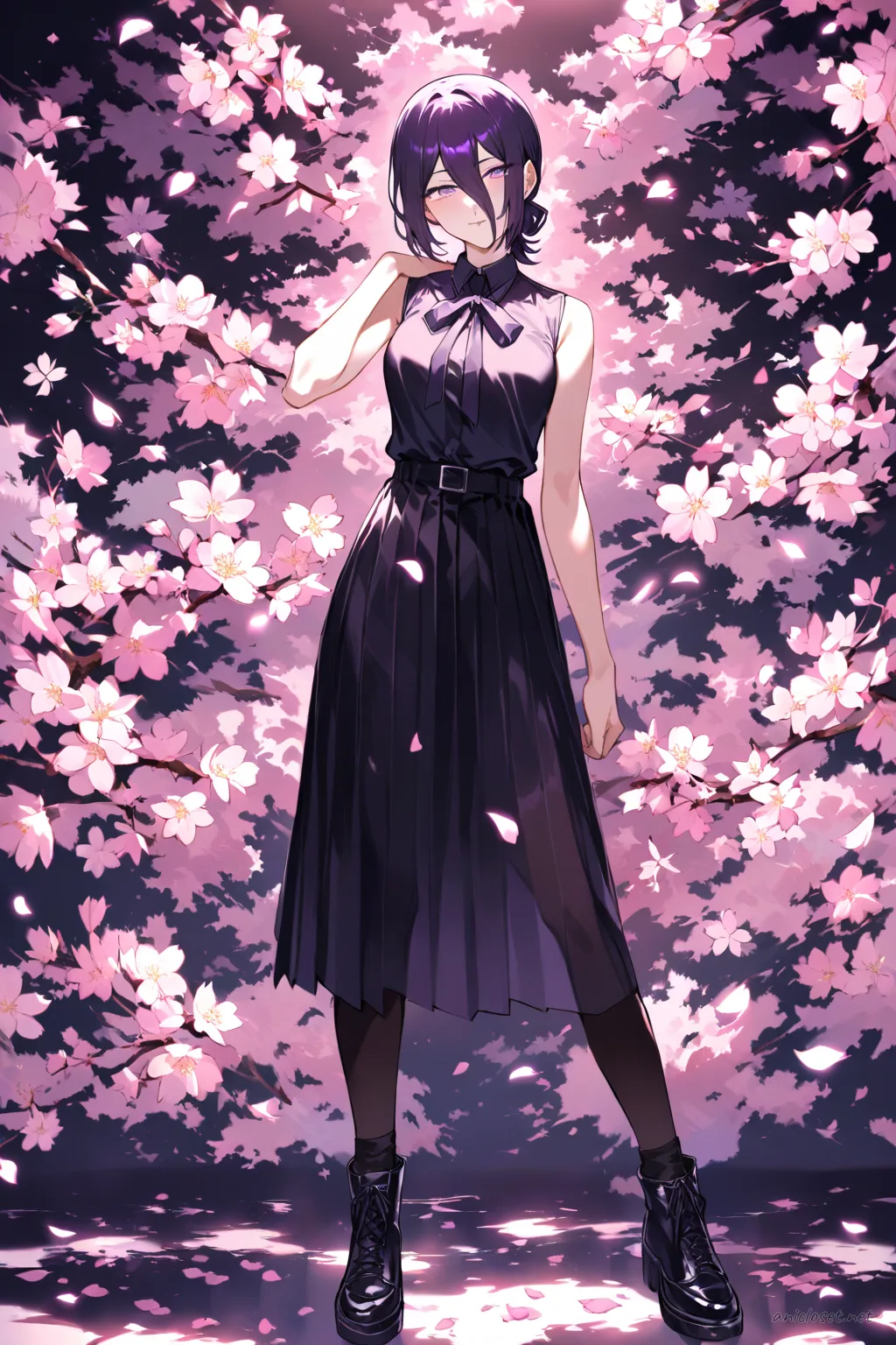 Full-body illustration of Reze in a black sleeveless dress and thigh-high stockings, standing with an over-shoulder glance amid cherry-blossom petals and soft pink lighting
