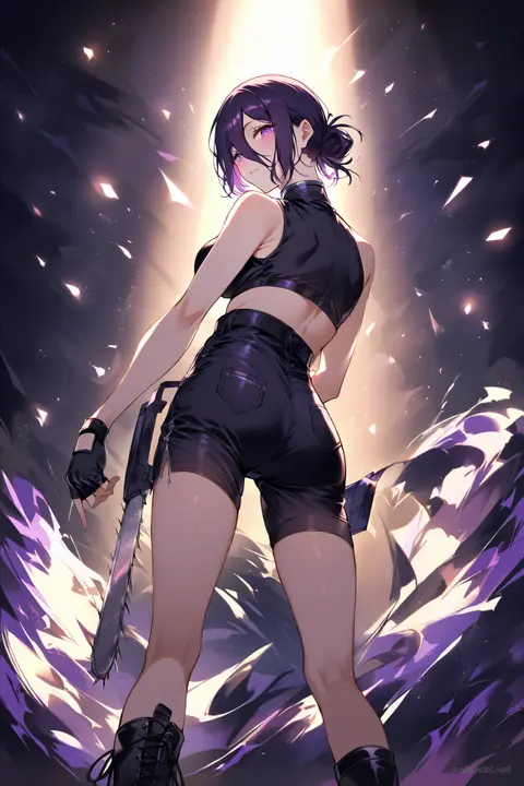 Full-body three-quarter view of Reze in black sleeveless crop top, high-waisted shorts, fingerless gloves, and combat boots posed in contrapposto under dramatic spotlight on dark stage