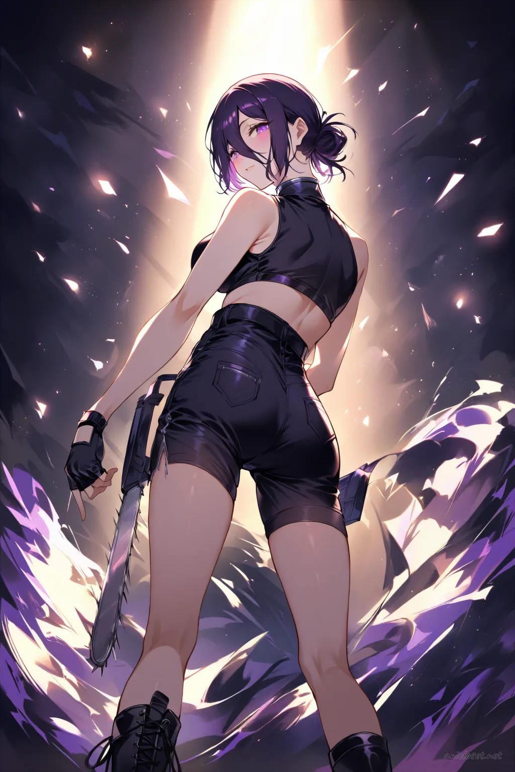 Full-body three-quarter view of Reze in black sleeveless crop top, high-waisted shorts, fingerless gloves, and combat boots posed in contrapposto under dramatic spotlight on dark stage