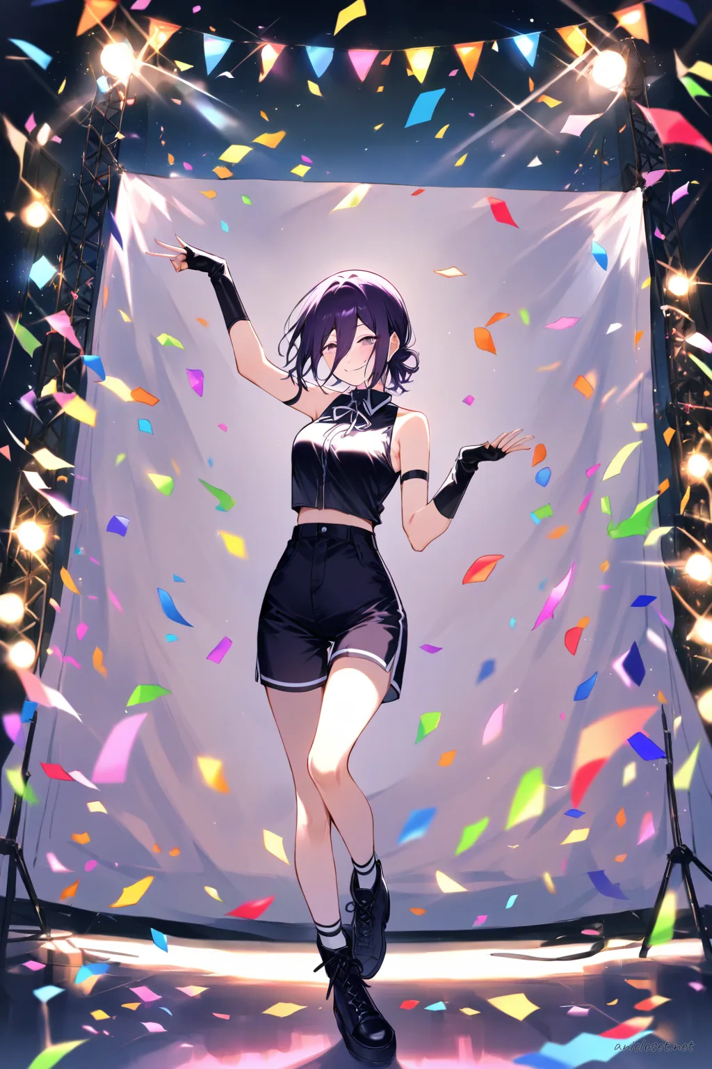 Full-body illustration of Reze in black sleeveless crop top, high-waisted shorts, fingerless gloves, and ankle boots, posing with a peace sign amid confetti and bright festival lights on a clean studio backdrop