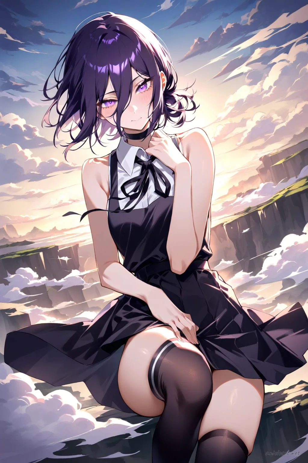 Reze in black sleeveless dress with white collar and black ribbon necktie, posed knee-up with wind-blown fabric against cliffside and cloudy sky