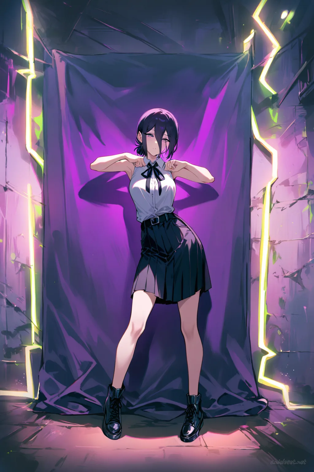 Full-body illustration of Reze in a black sleeveless dress, black belt, and ankle boots, standing with a hip-hand pose against a clean studio backdrop