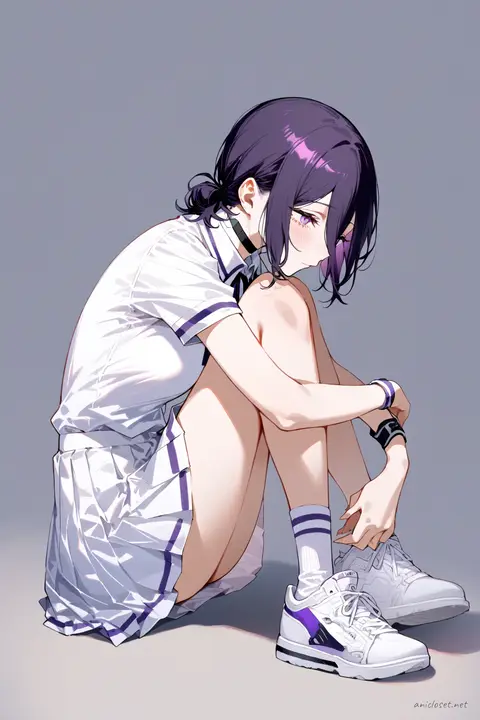 Full-body three-quarter view of Reze wearing a soft tennis school club uniform with short pleated skirt, white polo shirt, ankle socks, white sneakers, and wrist sweatband against a clean studio background