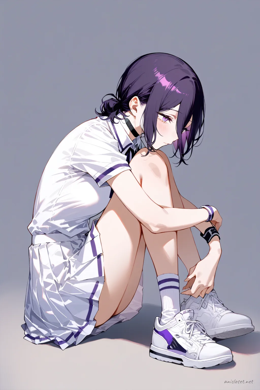 Full-body three-quarter view of Reze wearing a soft tennis school club uniform with short pleated skirt, white polo shirt, ankle socks, white sneakers, and wrist sweatband against a clean studio background