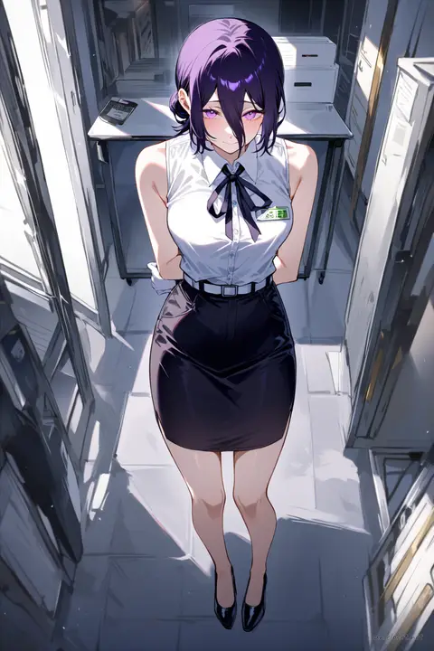 Full body front view illustration of Reze wearing a hotel front-desk concierge uniform with white fitted blouse, black tailored vest, pencil skirt, black pumps, name badge, and optional white gloves