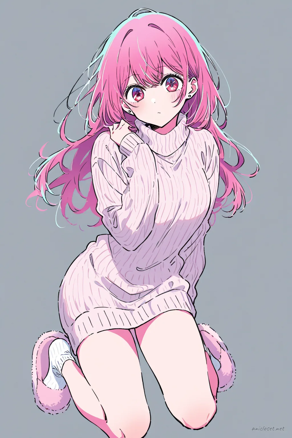 Full-body three-quarter view illustration of Ruby Hoshino wearing a pastel knit sweater dress with long sleeves and turtleneck, paired with fuzzy slippers in a clean studio background