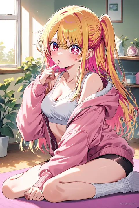 Full-body three-quarter view of Ruby Hoshino wearing a pastel pink zip-up hoodie half-open over a white sport bra top, black bike shorts, and ribbed ankle socks, stretching on a yoga mat in a tidy living room with soft natural light and fairy string lights