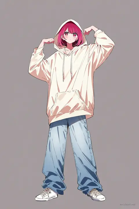 Illustration of Ruby Hoshino in oversized hoodie, light wash cuffed jeans, and white low-top sneakers standing against a clean studio backdrop