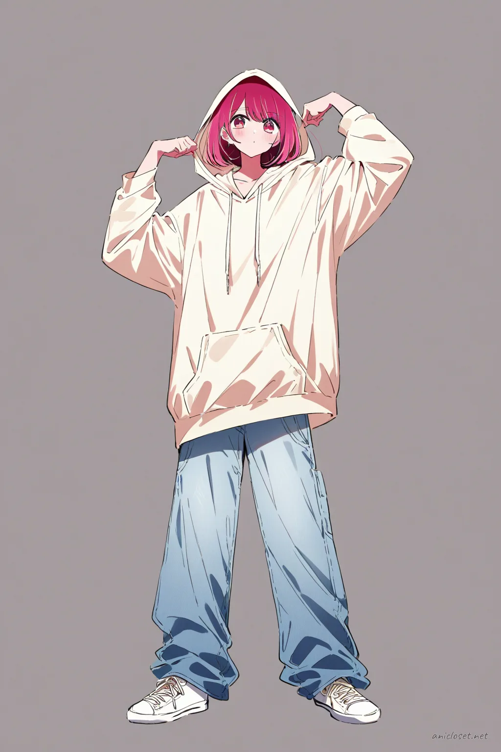 Illustration of Ruby Hoshino in oversized hoodie, light wash cuffed jeans, and white low-top sneakers standing against a clean studio backdrop