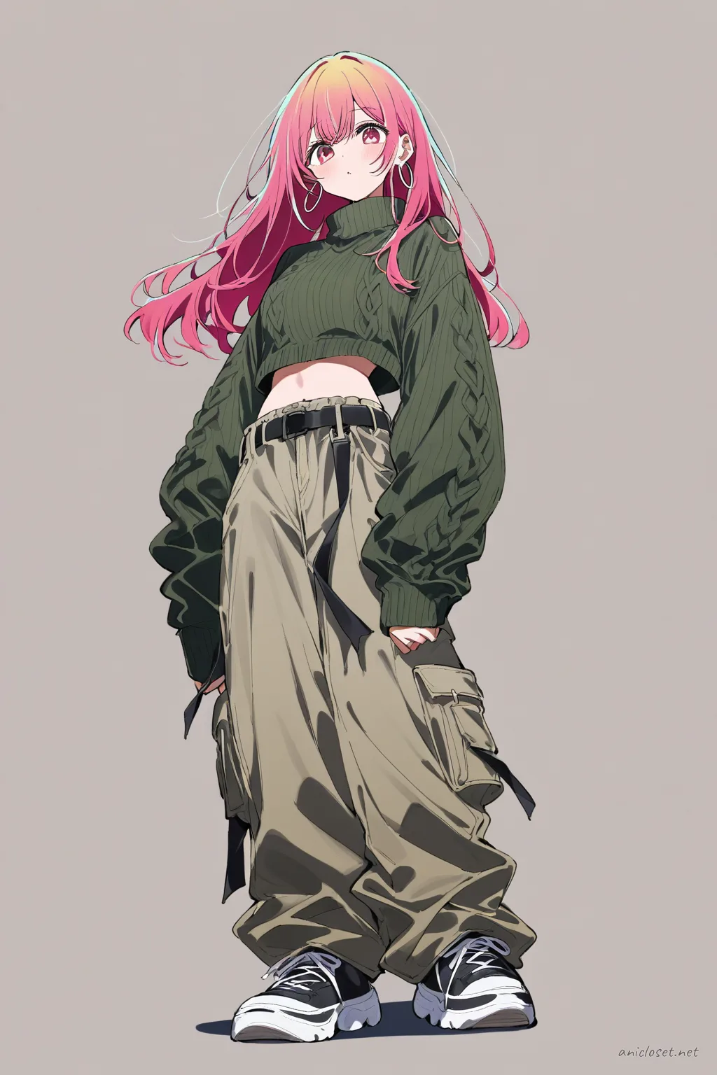 Illustration of Ruby Hoshino in a cropped olive green sweater and black cargo pants, knee-up half-body view with soft studio lighting